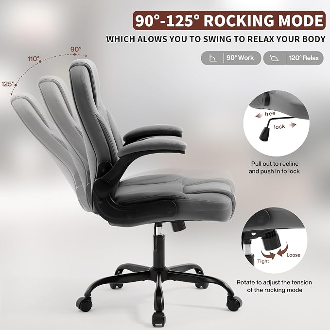 PU Leather Office Chair Swivel Lumbar Support for Short People Grey | Executive Office Chair PU,Leather Office Chair with Wheels,360° Swivel Rolling Chair with Padded Arm,Ergonomic Computer Chair - Image 9