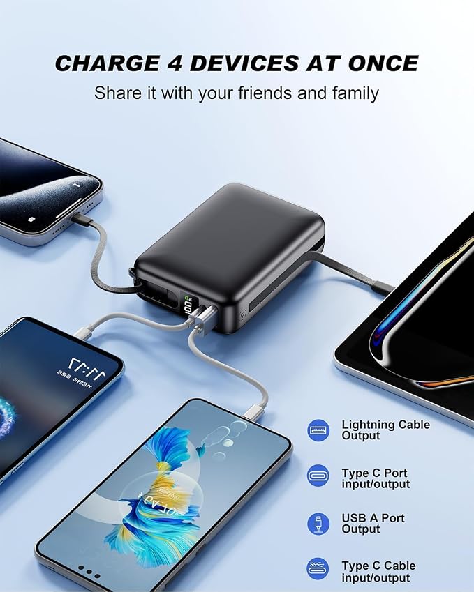 Portable Charger 50000mAh, PD22.5W Fast Charge Power Bank Built-in 2 Cables | Portable Phone Charger for iPhone/Android/Samsung Galaxy Travel Essential (Black) - Image 4
