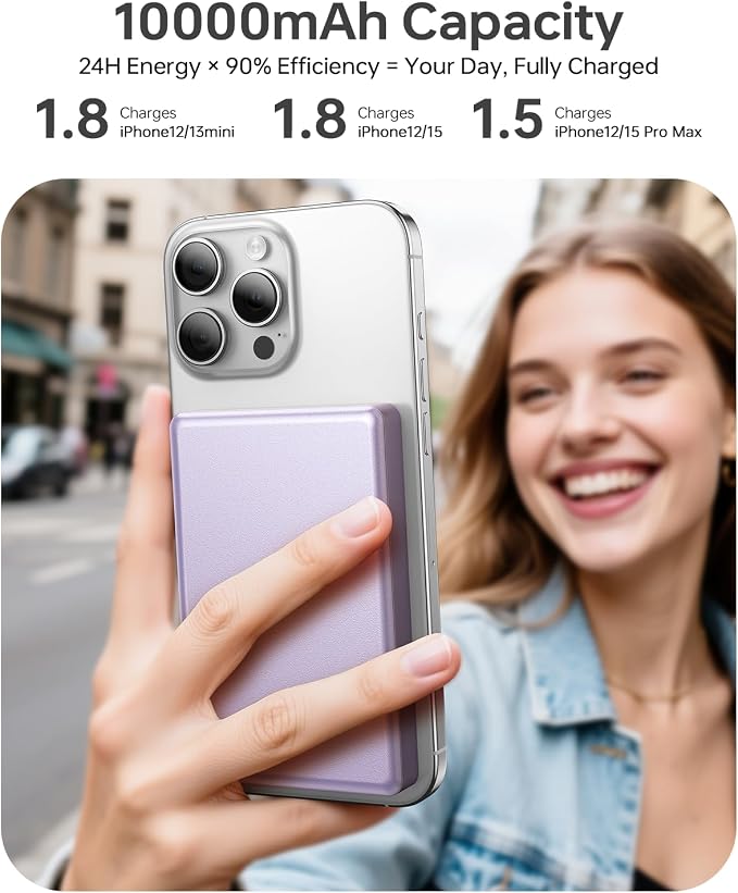 ULiXWH 10,000mAh for MagSafe Power Bank Ultra-Slim Fast Charging for Travel | Magnetic Wireless Charger with USB-C Cable, Metal-Alloy Portable Battery for iPhone 17 Pro Max/17 Pro/Air/16/15/14/13, Purple - Image 2