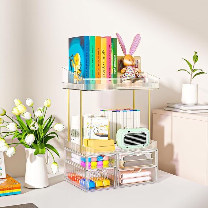 SNSLXH 4-Tier Clear Makeup Organizer Bathroom Storage Amber | 4 Drawers Cosmetics Organiser, Ideal for Countertop, Bathroom, Office, Dresser, for Cosmetics, Skincare, Perfume, Lipstick - Image 3