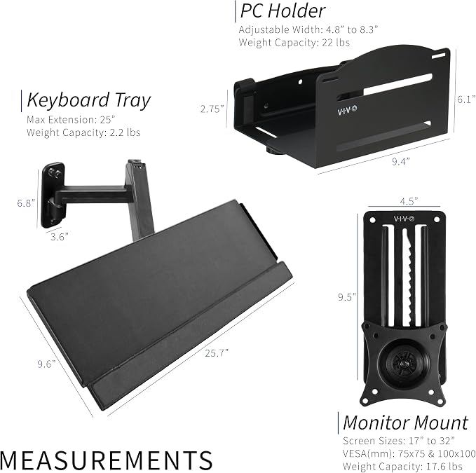 VIVO Sit-Stand 17 to 32 inch Single Monitor Wall Mount with Pneumatic Arm Keyboard Tray and PC Wall Mount Combo, Max VESA 100x100mm, Black, MOUNT-VWKB1P - Image 3
