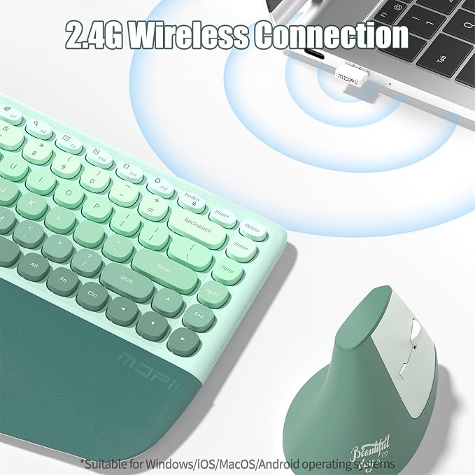 Wireless Keyboard and Mouse Combo, Ergonomic Design with Wrist Rest | 84-Key Membrane Keyboard Curved Split Keys, 6-Key Vertical Mouse, Cordless Set for Win/Mac, AAA Batteries Incl., Mint Green - Image 3