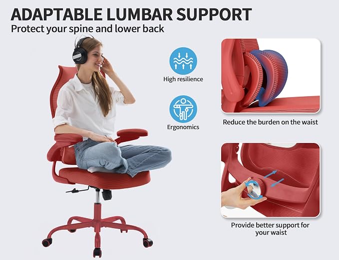 TRALT Office Chair Ergonomic Desk Chair - Gaming Chair with Lumbar Support | 330 LBS Home Office Desk Chairs , Reading Chair with Flip-up Armrests, Comfortable Computer Chairs (1, RED) - Image 4