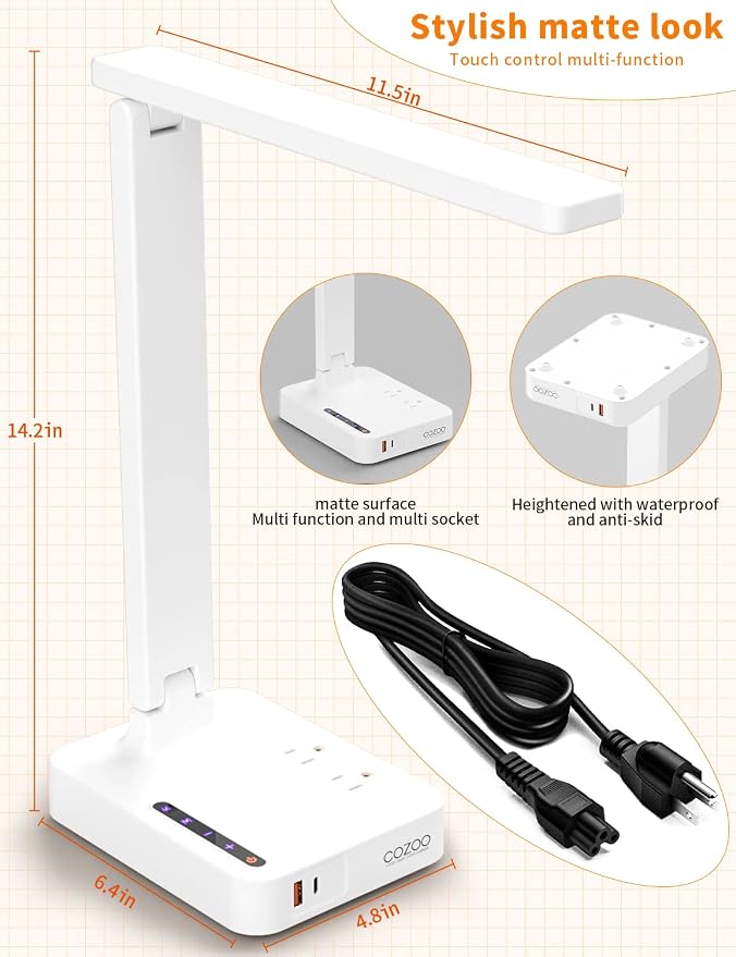 LED Desk Lamp for Dorm Office, USB-C & 2 AC Outlets Charging, White | LED Desk Lamps for Home Office with 2 USB Charging Ports(1 USB-C), 2 AC Outlets, Foldable Small Desk Lamp for Study Reading - Image 3