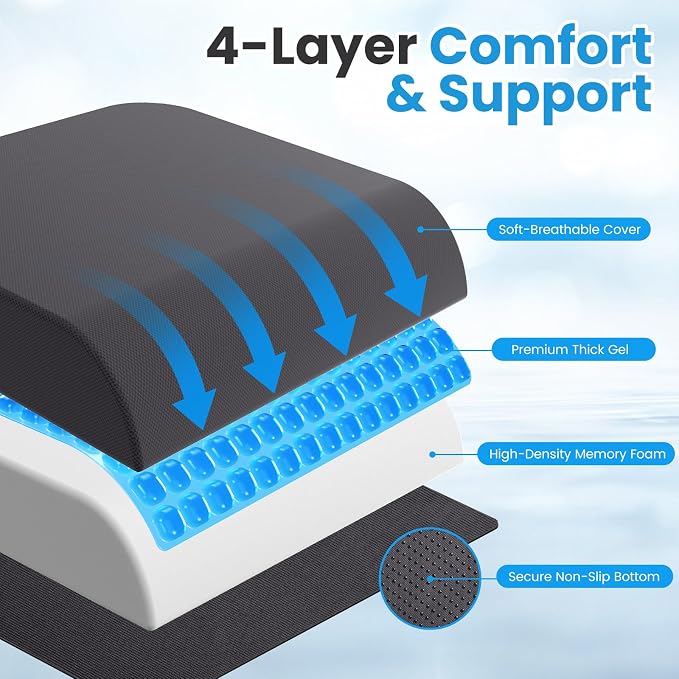 Wheelchair Seat Cushion - Cooling Gel & Memory Foam Office Chair Cushion with Non-Slip Bottom & Washable Cover, Ergonomic Car Seat Pillow for Sciatica, Tailbone, Back Comfort (Grey) - Image 2