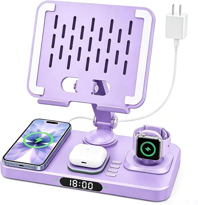 Wireless Charging Station for Apple Devices, Only for Apple Watch Charging | Included Type-C Cable for Tablet Charging, Foldable Wireless Charging Station, 7 Cycling Ambient Lights, Time Clock Display by Hostena