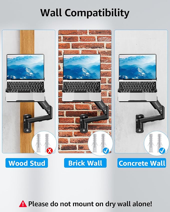 MOUNTUP Laptop Wall Mount, Adjustable Laptop Mount for Max 17" Notebook or Max 32" Monitor, Wall Mount Laptop Holder Holds 4.4-22lbs, 2-in-1 Laptop Arm with Ventilated Tray - Image 8