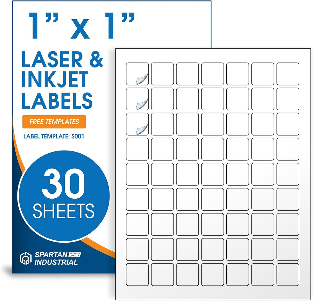 1" X 1" Matte White Printable Labels (30 Sheets, 1890 Stickers) by Spartan Industrial