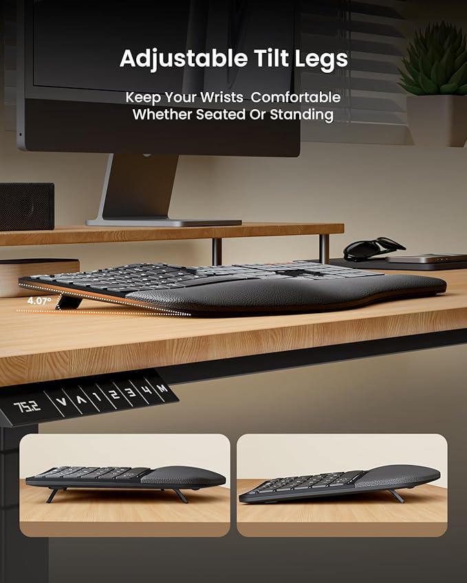 ProtoArc EKM01 Plus Wireless Ergonomic Keyboard Mouse Combo - Black | Full-size Split Keyboard with Cushioned Wrist Rest, Ergonomic Mouse, 3-Device Bluetooth/2.4G, USB-C Rechargeable - Image 4