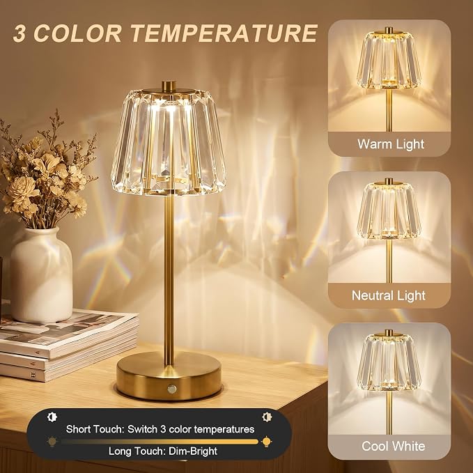 13" Small Crystal Cordless Table Lamp, Touch Rechargeable Desk Lamps | 3 Color Temps, Stepless Dimming, Gold Portable Battery Operated LED Table Lamp for Bedside, Nightstand, Kitchen, Patio, Decor - Image 4