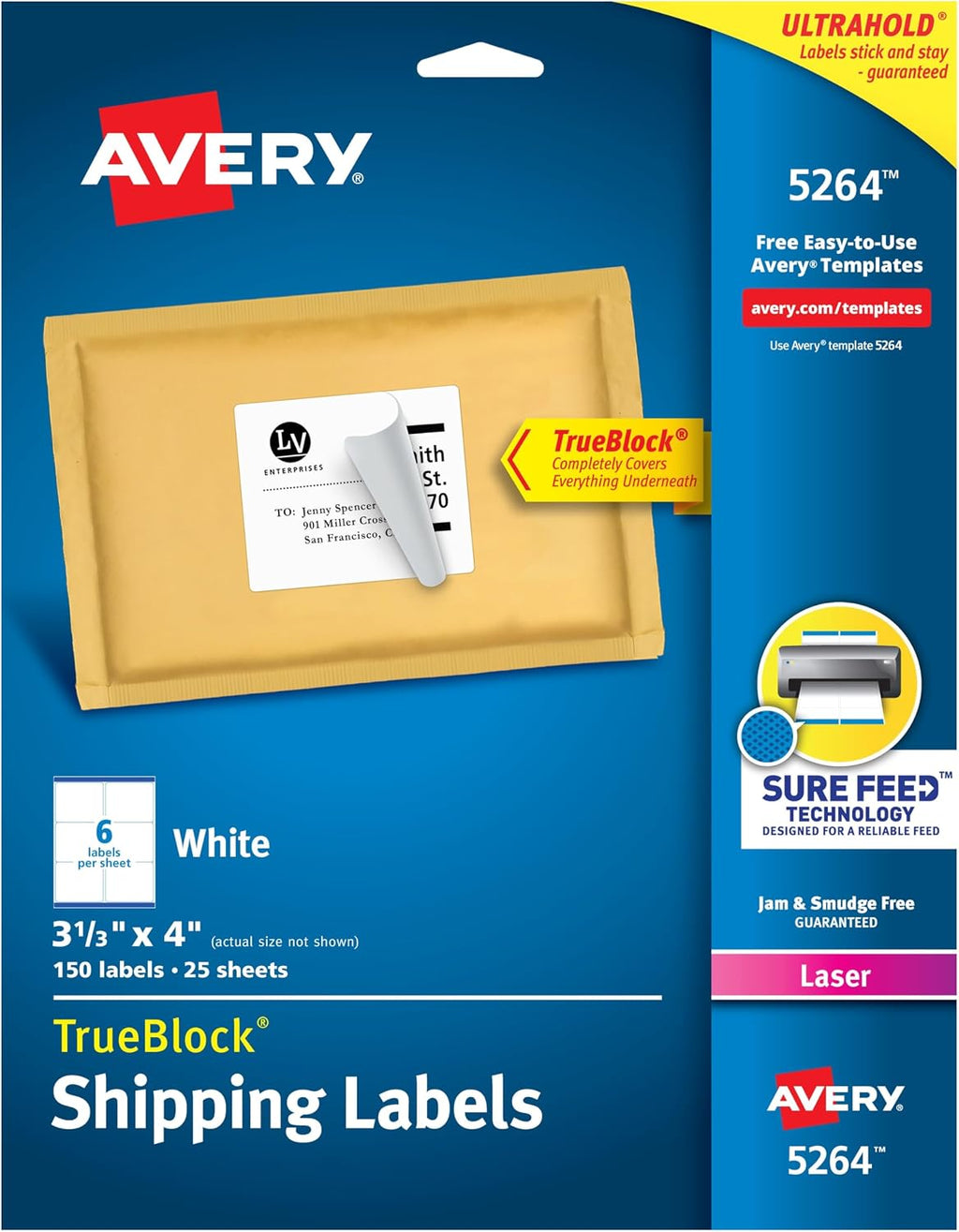 Avery Shipping Address Labels,Laser Printers,150 Labels, 3-1/3x4, Permanent Adhesive, TrueBlock,5 Packs (5264) by Avery