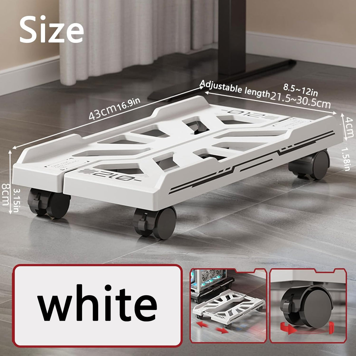Adjustable Ventilated CPU Stand on Wheels: Mobile PC Tower Floor Cart with 4 Locking Caster Wheels, Universal Rolling Computer Holder & Under Desk Riser for Gamers, Students, Home Office (White) - Image 6