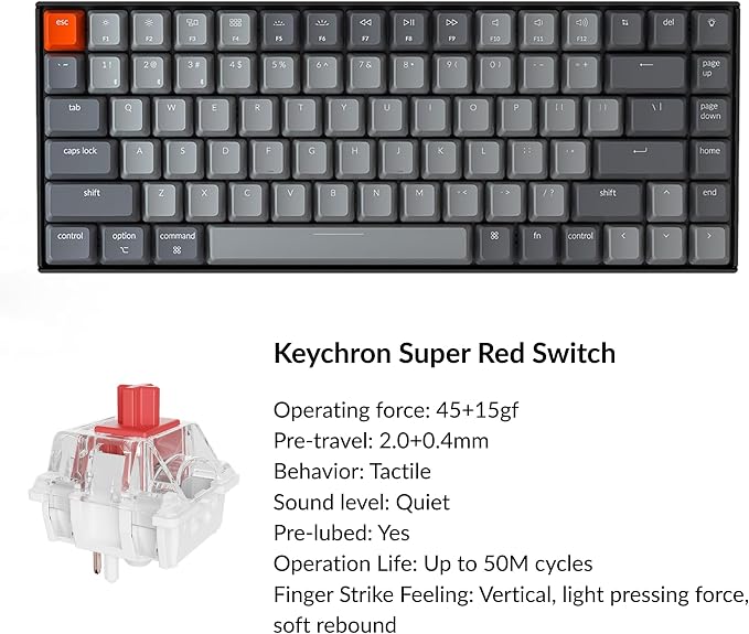 Keychron K2 75% Layout Bluetooth Mechanical Keyboard Super Red Switch/White LED Backlit/Anti Ghosting/N-Key Rollover/84 Key USB C Wired Computer Keyboard for Mac Windows-Version 2 - Image 6