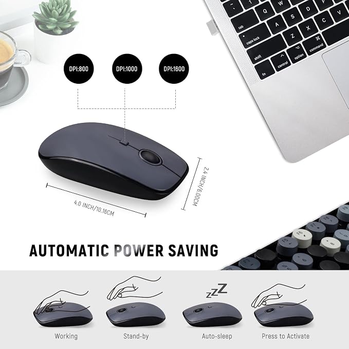 Clicky Wireless Keyboard and Mouse Combo,Retro Typewriter Style,Black Gray | Bubble Round Keys,Dark Grey Floating Keys for Long Nails,2.4GHz USB Receiver,Full Size with Number Pad for PC Laptop Desktop - Image 7