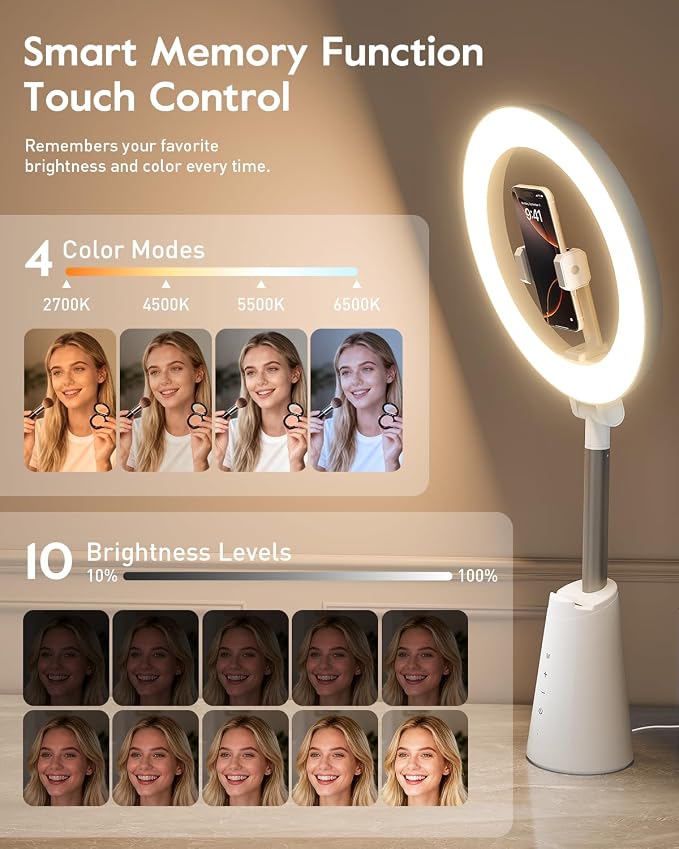 Ring Light for Makeup and Video Recording, 11" Desk Ring Light with 13.5" Stand & Phone Holders, Touch Control, Dimmable LED Selfie Light for Makeup, Video, Zoom Calls, Live Stream, YouTube&TikTok - Image 4