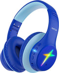 EarFun K4 Kids Bluetooth Headphones, Wireless Headphones with Lights, Blue | 74/85/94dBA Volume Limited, Built-in Mic, 90H Playtime, Stereo Sound Bluetooth 5.4 Over Ear Headphone for iPad/Tablet/School by EarFun