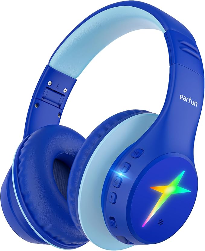 EarFun K4 Kids Bluetooth Headphones, Wireless Headphones with Lights, Blue | 74/85/94dBA Volume Limited, Built-in Mic, 90H Playtime, Stereo Sound Bluetooth 5.4 Over Ear Headphone for iPad/Tablet/School by EarFun