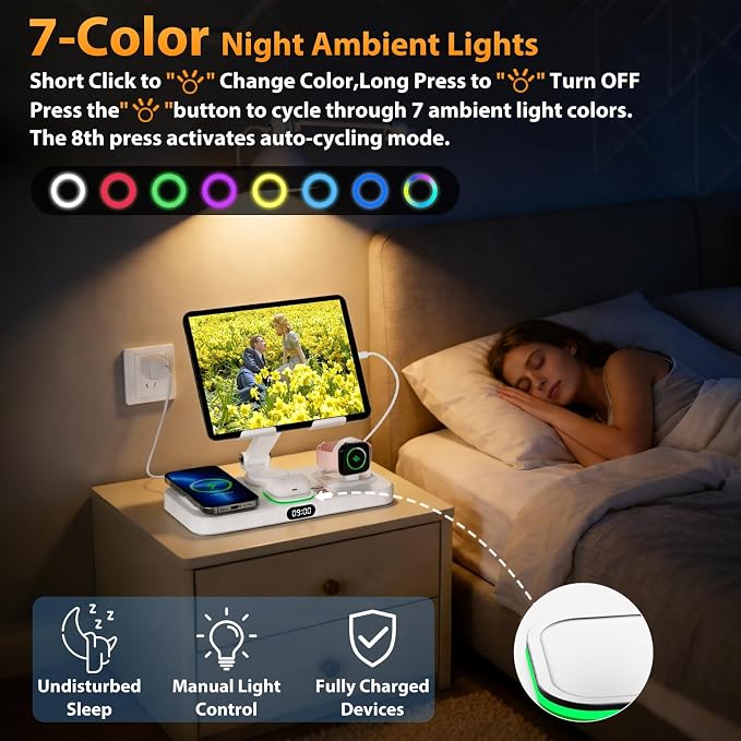 Wireless Charging Station for Apple Devices, Only for Apple Watch Charging | Included Type-C Cable for Tablet Charging, Foldable Wireless Charging Station, 7 Cycling Ambient Lights, Time Clock Display - Image 4
