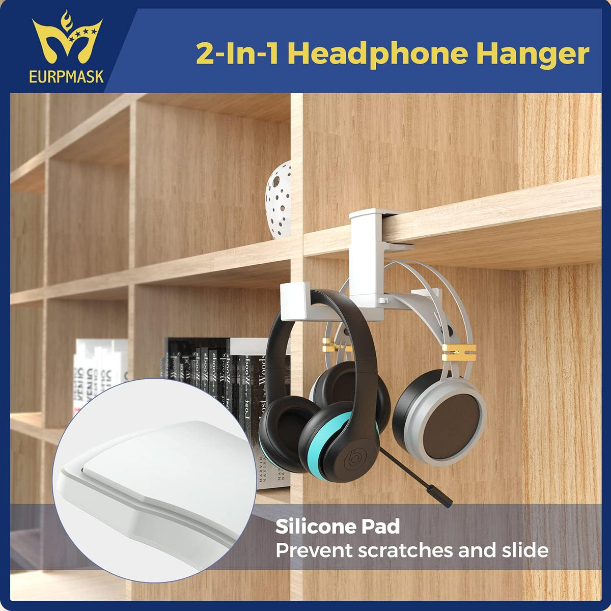 Dual Headphone Stand Holder - EURPMASK 2 in 1 PC Gaming Headset Hooks, 360 Degree Rotating Headphone Hanger with Adjustable Clamp & Cable Clip Organizer, Headset Mount Under Desk Earphone Clamp-White - Image 8