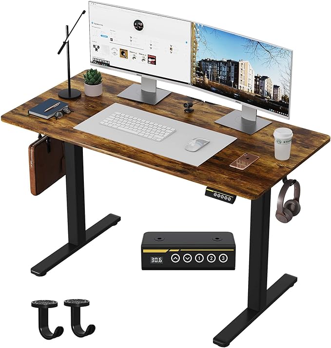 48 x 24 Inch Height Adjustable Standing Desk, 3 Presets, Brown | 48 x 24 in Desktop, 28.3–46.5 in Height, 2+3 Controls, ≤45 dB, 154 lb Capacity, 2 Hooks by GamorkLLC