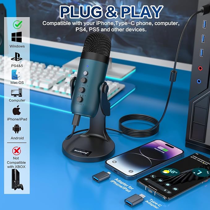 ZealSound Podcast Microphone for PC, Noise Cancellation USB Mic with Gain, Volume Adjustment & Mute Button, Monitoring & Echo, for YouTube, TikTok, Podcasting, Streaming, iPhone, iPad, Android(Teal) - Image 2