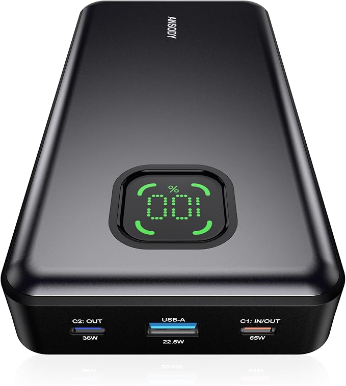 65W Laptop Power Bank, 25000mAh 101W Total Fast Charging Portable Charger | LED Digital Display, Travel Essential Battery Pack for MacBook Dell XPS iPad Tablet Steam Deck iPhone 17-12 Series Galaxy S26 by Ansody