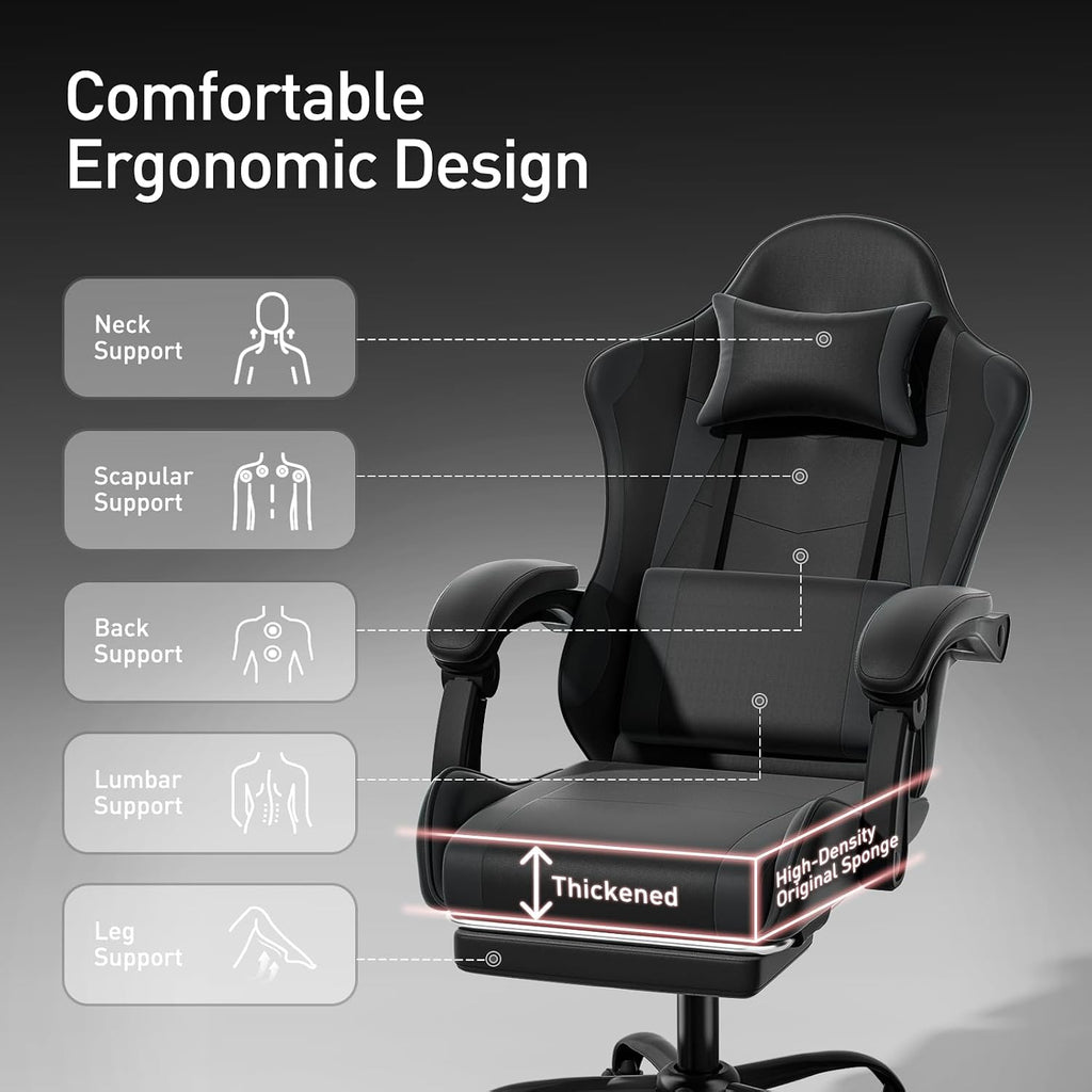 Gaming Chair, Footrest & Lumbar Support, Height Adjust, Black - Image 5