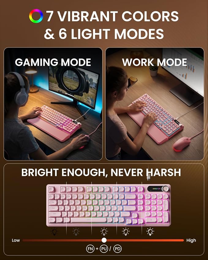 EWEADN Wired Keyboard and Mouse Combo with Detachable Wrist Rest, Quiet Ergonomic Keyboard Mouse Set with Multimedia Knob, RGB Backlit, Double-Shot Keycaps Natural Typing for Laptop, PC - Pink - Image 4