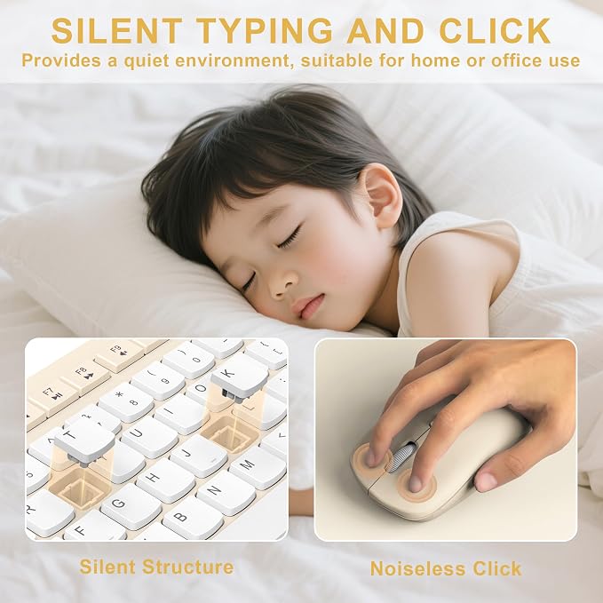 Wireless Keyboard and Mouse Combo Silent for Office and Home(Latte Color-B) | 2.4G Full Size Silent Cordless Keyboard with Tilt Legs,3-Level DPI Quiet Mouse,for Windows/Mac OS/Desktop/Laptop/PC - Image 3