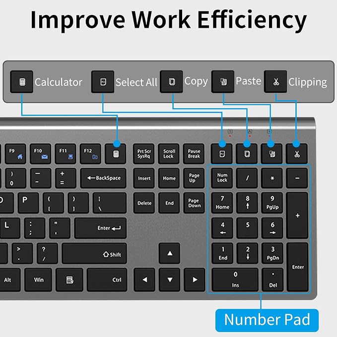 Wireless Keyboard and Mouse Combo, Slim Silent Full Size Computer Keyboard | with Calculator Button, Sleek Design, Long Battery Life, USB Receiver, Quiet Optical Mouse 6 Buttons, for Laptop PC - Gray - Image 4