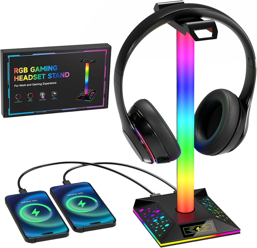 Hcman Headphone Stand Gaming Headset Holder RGB PC Gaming Accessories for Desk, Cool LED Headset Stand with 2 USB Charger for Gamer, Black by Hcman