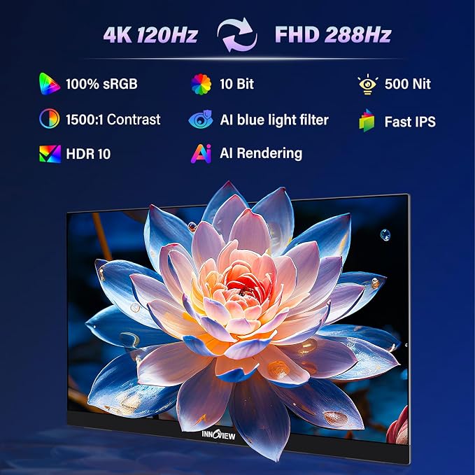 InnoView 27 Inch Monitor Dual Mode 4K UHD 120Hz/FHD 288Hz Larger Monitor, USB-C HDMI Computer Display HDR IPS Gaming Monitor, Kickstand, Speakers, for PC, MAC, Phone, PS4, Xbox, Switch - Image 4