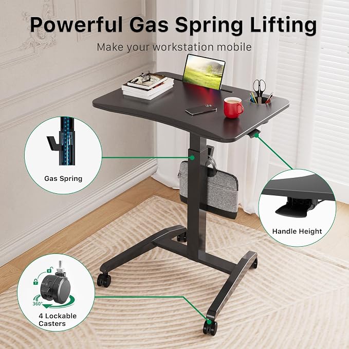 27" Mobile Rolling Standing Desk with Lockable Wheels, Black | Small Laptop Cart Height Adjustable with Cup Holder, Slot, Hook, Portable Pneumatic Teacher Rising Workstation for Classroom - Image 7