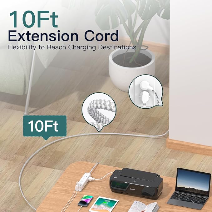Surge Protector Power Strip - 10 FT Extension Cord with 12 AC Outlets 4 USB | Flat Plug Power Strip Wall Mount Overload Protection, 1050J, Desk Charging Station for Home Dorm Room Office, ETL Listed - Image 3
