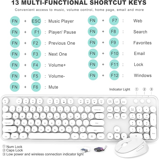 Wireless Keyboard and Mouse Combo, Ergonomic Full Size Typewriter Retro Round Keycaps Keyboard, Compatible with Windows, PC, Perfer for Home and Office Keyboards（White） - Image 4