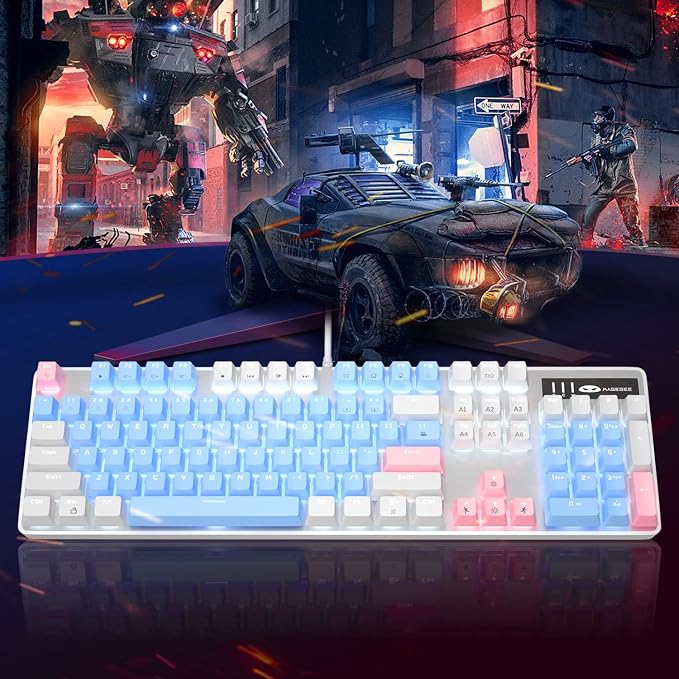 MageGee Mechanical Gaming Keyboard, 104 Keys White Backlit Mechanical Keyboards with Red Switches & Double-Shot Keycaps, Wired Ergonomic Computer Keyboard for Desktop, PC Gamers (White & Blue) - Image 3