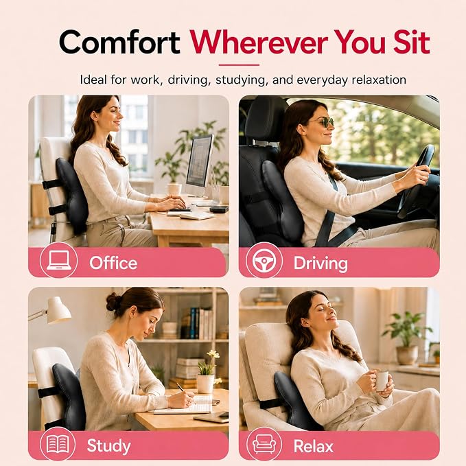 Back Support for Office Chair,Lumbar Support Pillow for Office Chair,Back Pillow for Chair,Memory Foam Back Cushion for Car Seat,Computer Chair Cushion,Removable& Washable Cover (Enhanced Black) - Image 4