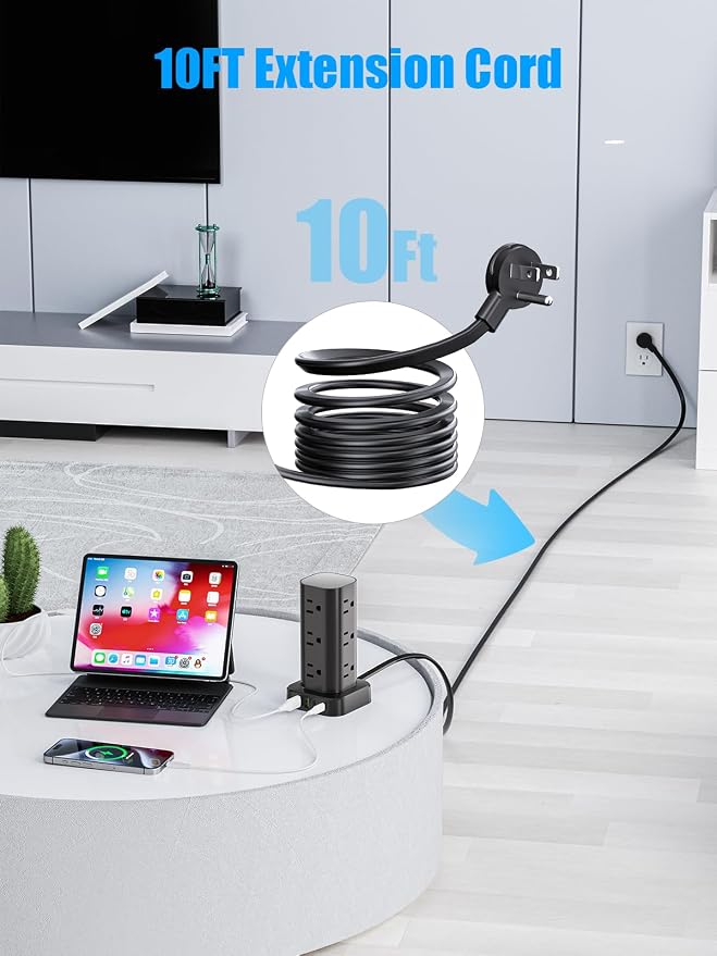Tower Power Strip with 15W Wireless Charger, 10FT Flat Plug Extension Cord with Multiple Outlets, 12 AC Outlets, 4 USB Ports (2 USB C) Charging Station Surge Protector for Office Home Dorm Room(Black) - Image 7