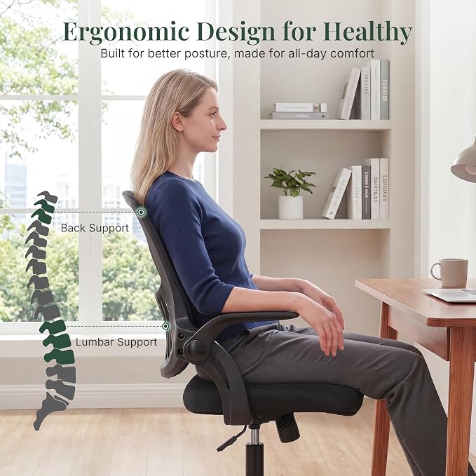 Home Office Desk Chair with Flip-up Armrest, Computer Chair | Lumbar Support, Height Adjustable, Mesh Mid-Back, Ergonomic Task Gaming Chair with 360° Swivel Wheels for Adults, Black - Image 6