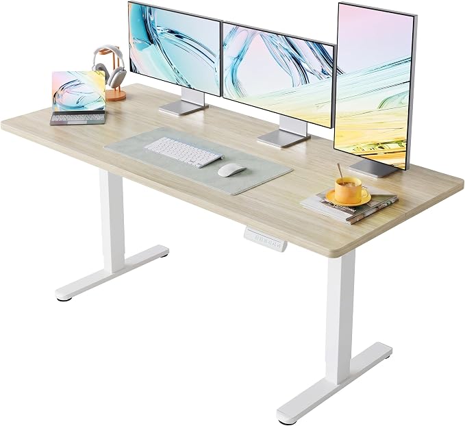 HUANUO 63x28 Inch Electric Standing Desk, Height Adjustable, Light Walnut | 176 Lbs Capacity, Smooth Home Office Desk, 4 Memory Presets & Headphone Hooks, 28.3–46.5 Inch Height Range, Easy to assemble by HUANUO