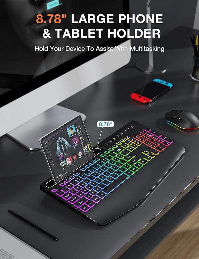 Wireless Keyboard and Mouse Combo - 9 Backlit Effects, 2.4GHz | Ergo Wrist Rest, Phone Holder, Full Size, Rechargeable, Sleep Mode, KM22 MAX Quiet Set for Computer, PC, Laptop, Mac, Windows - Image 4