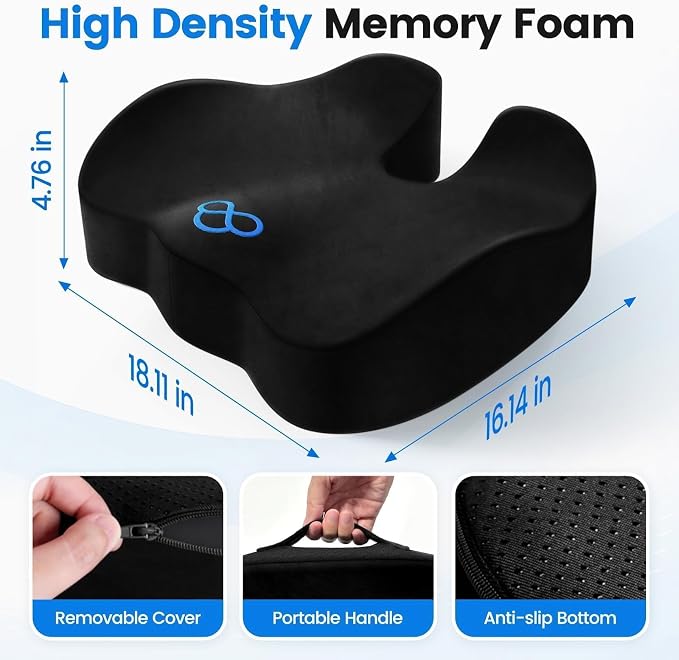 Seat Cushion, Non-Slip Memory Foam Chair Cushion for Taibone, Black/Large | Chair Pillow with Handles for Car Office Chair, Tailbone/Sciatica Easing& Post-Surgery Recovery Chair Cushion - Image 2