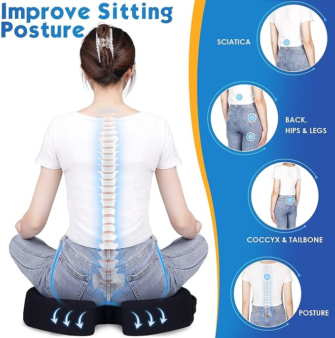 Seat Cushion for Office Chair, Car, Memory Foam, Black X-Large | For Back, Coccyx, Sciatica, Tailbone Pain, Ergonomic Design, Non-Slip, Desk Wheelchair Use, Supportive Butt Pillow, For Man - Image 6