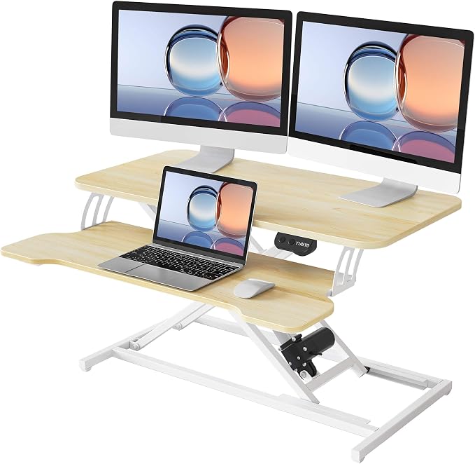 YIHAYO Electric Standing Desk Converter 32 inch, Sit to Stand Up Height Adjustable Desk Riser, Quick Sit to Stand Tabletop Dual Monitor Riser Workstation for Home Office with Keyboard Tray, Natural by YIHAYO