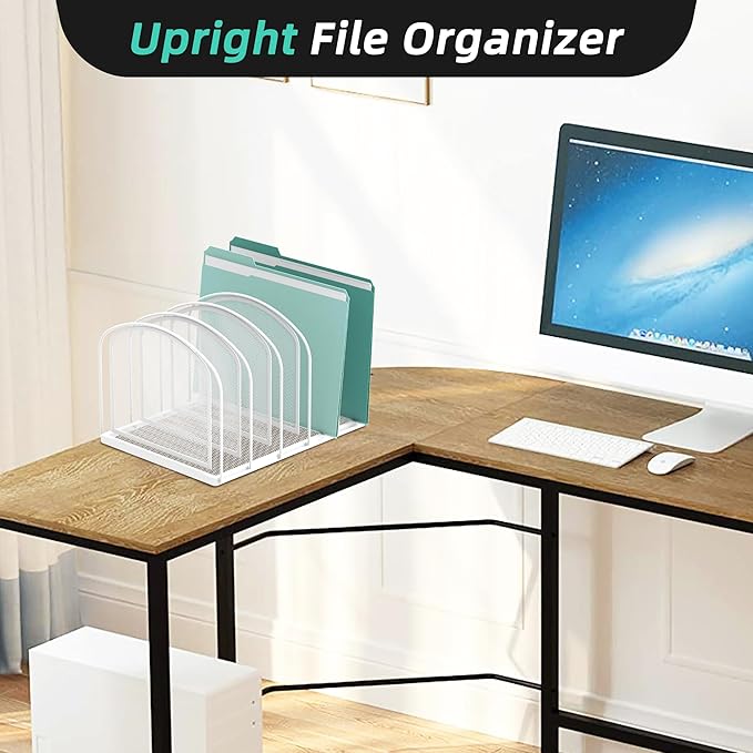 File Organizer 5-Section Mesh Desk Organizer, Upright File Organizer Desktop Organizer File Sorter, File Folder Holder for Office Supplies, White | 5 Vertical Compartments with Sturdy Metal Base for Office Documents Books Magazines and Laptop - Image 5