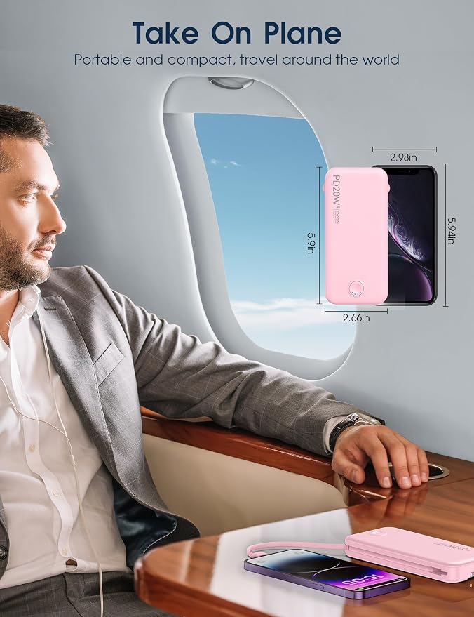Nusyddy Portable Charger 10000mAh Fast Charging w/Built-in Wall Plug Pink | PD20W Fast Charging, LED Indicator, Pass Through Charging, TSA Approved, Compact/Slim, Power Bank for iPhone/iPad/Samsung - Image 8