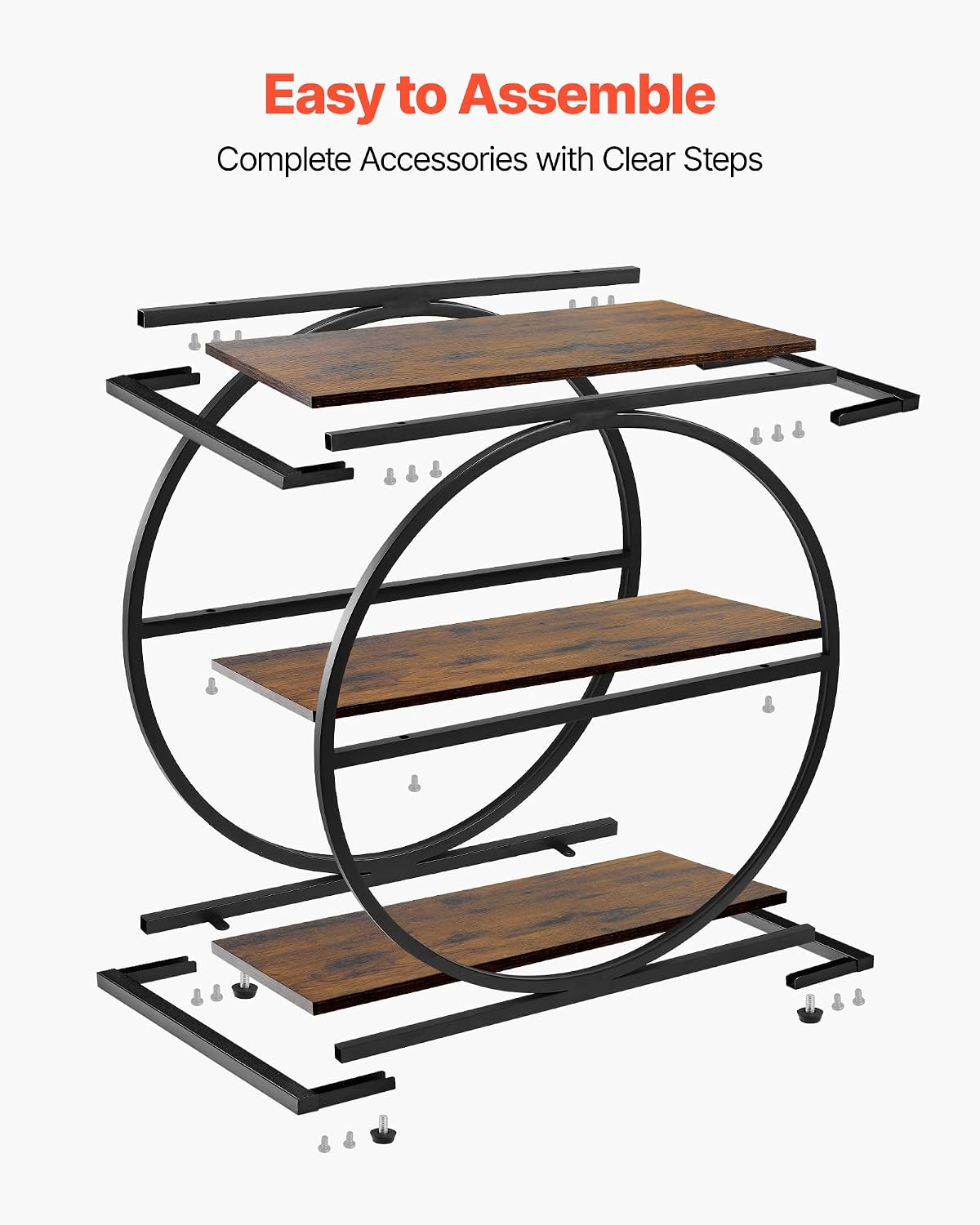VEVOR End Table, 3-Tier Narrow Side Table with Open Storage Shelves, Modern Nightstand Bedside Desk with Round Metal Frame, Wood Sofa Coffee Desk for Living Room, Bedroom, Office, Rustic Brown - Image 7