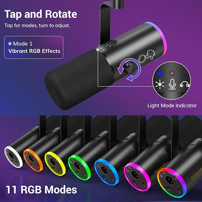 TONOR Dynamic Gaming Microphone XLR/USB Mic with AI Noise Cancellation | Boom Arm Set, RGB, Tap Mute, 3.5mm Jack, Gain Control, Microfono for Content Creators, Black, TD510 AIR S H+ - Image 4
