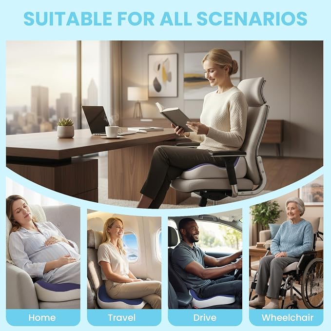 Seat Cushion, Memory Foam for Sit Bone and Back Pain Relief | Dual-Hole Ventilation, Coccyx,Sciatica and Tailbone Hip Relief ,Posture Support ,Office Chair and Car Seat,Home Use - Image 7