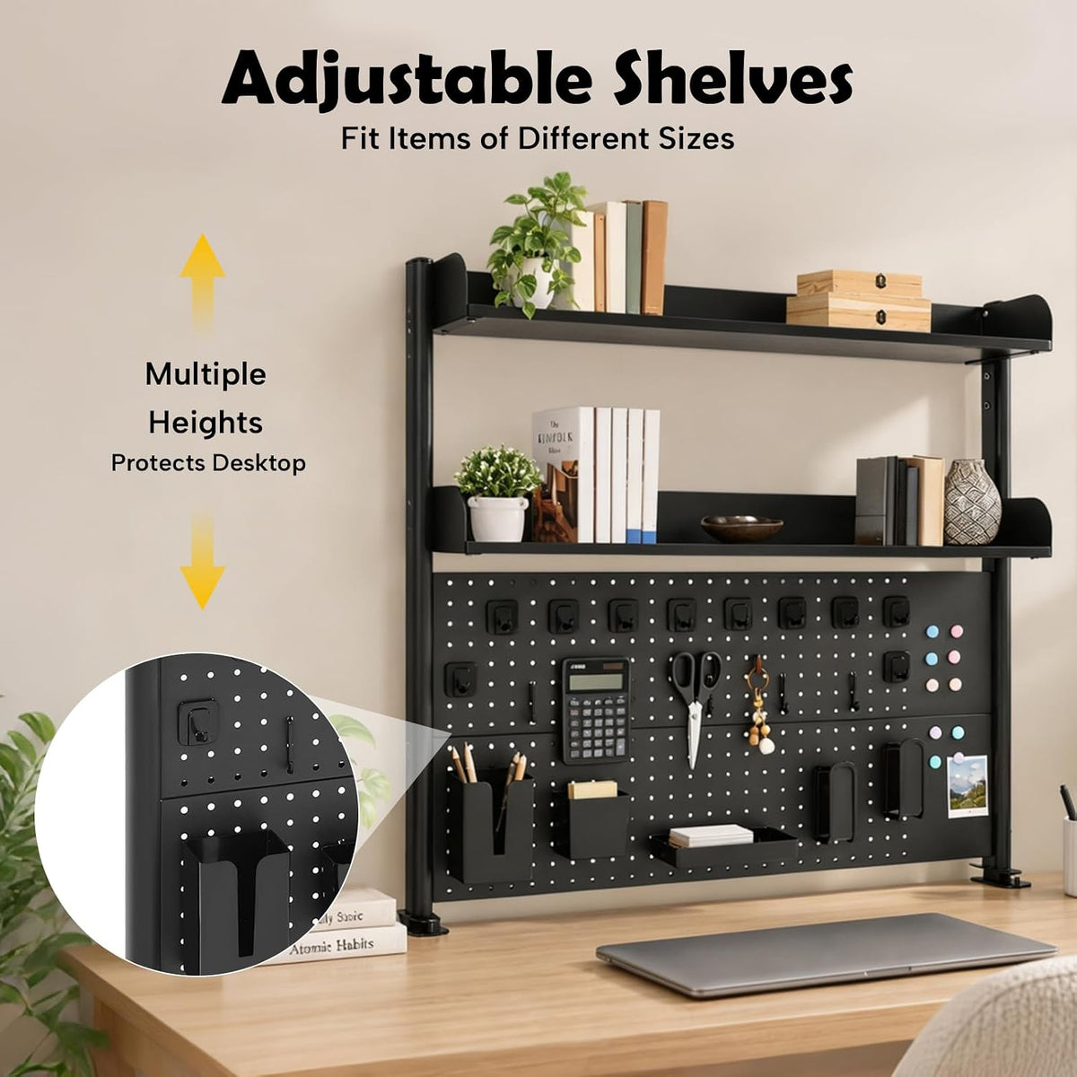 Desk Pegboard, Clamp On Desk Organizer Shelf, Desktop Bookshelf Storage Shelves, Privacy Panel for Home Office Dorm Gaming Desk, Carbon Steel, 39.4" x 37.4", Black - Image 5